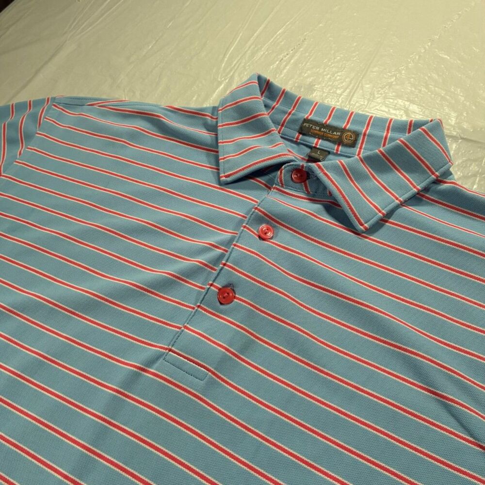 Peter Millar Summer Comfort Blue Pink Striped Polo Men's Large Fox Hopyard Golf